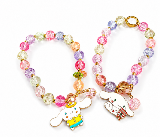 Sweet pastel charm bracelets featuring adorable character pendants and colorful crackle beads