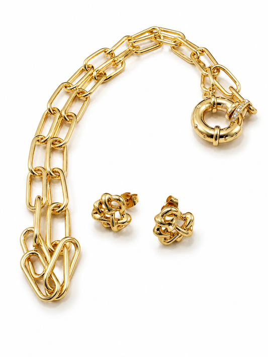 Gold Luxe Paperclip Chain Necklace & Knot Earrings Set