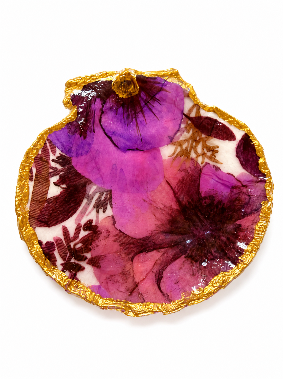 Handcrafted Floral Resin Shell Trinket Tray – Pink & Purple Pressed Flower Decor with Gold Trim