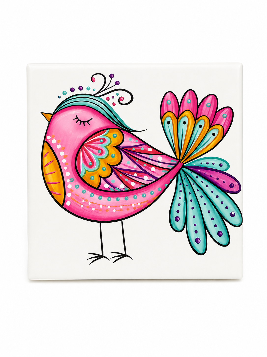 Whimsical Pink Songbird Decorative Tile – Handmade Folk Art Wall Décor
