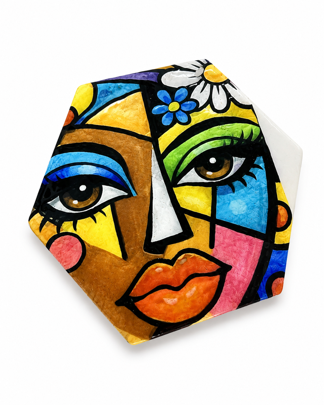 Modern Cubist Face Decorative Tile – Handcrafted Abstract Portrait Wall Art