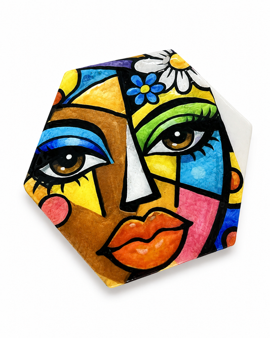 Modern Cubist Face Decorative Tile – Handcrafted Abstract Portrait Wall Art