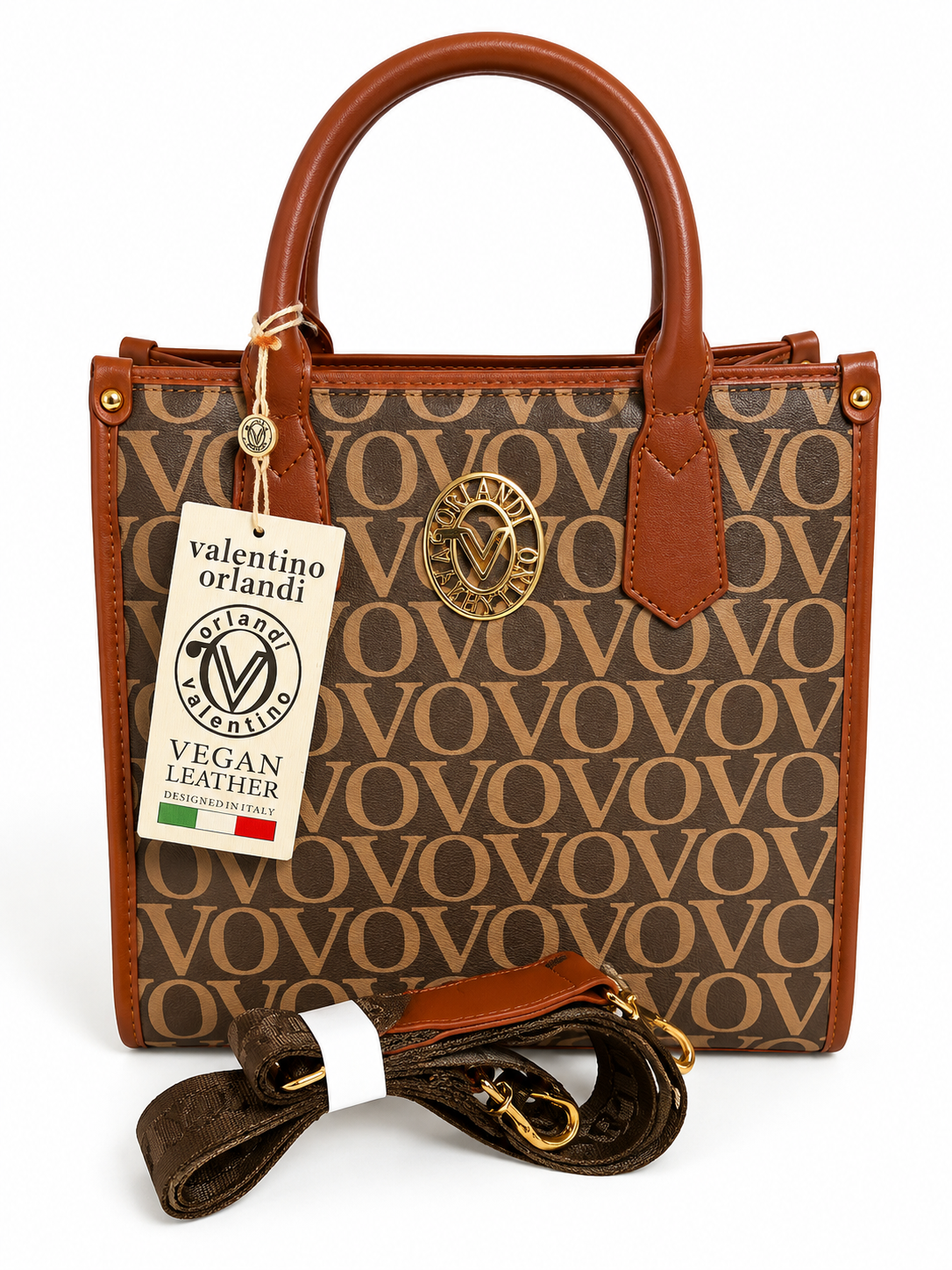 Valentino Orlandi Vegan Leather Designer Tote Bag – Brown Monogram Crossbody Handbag