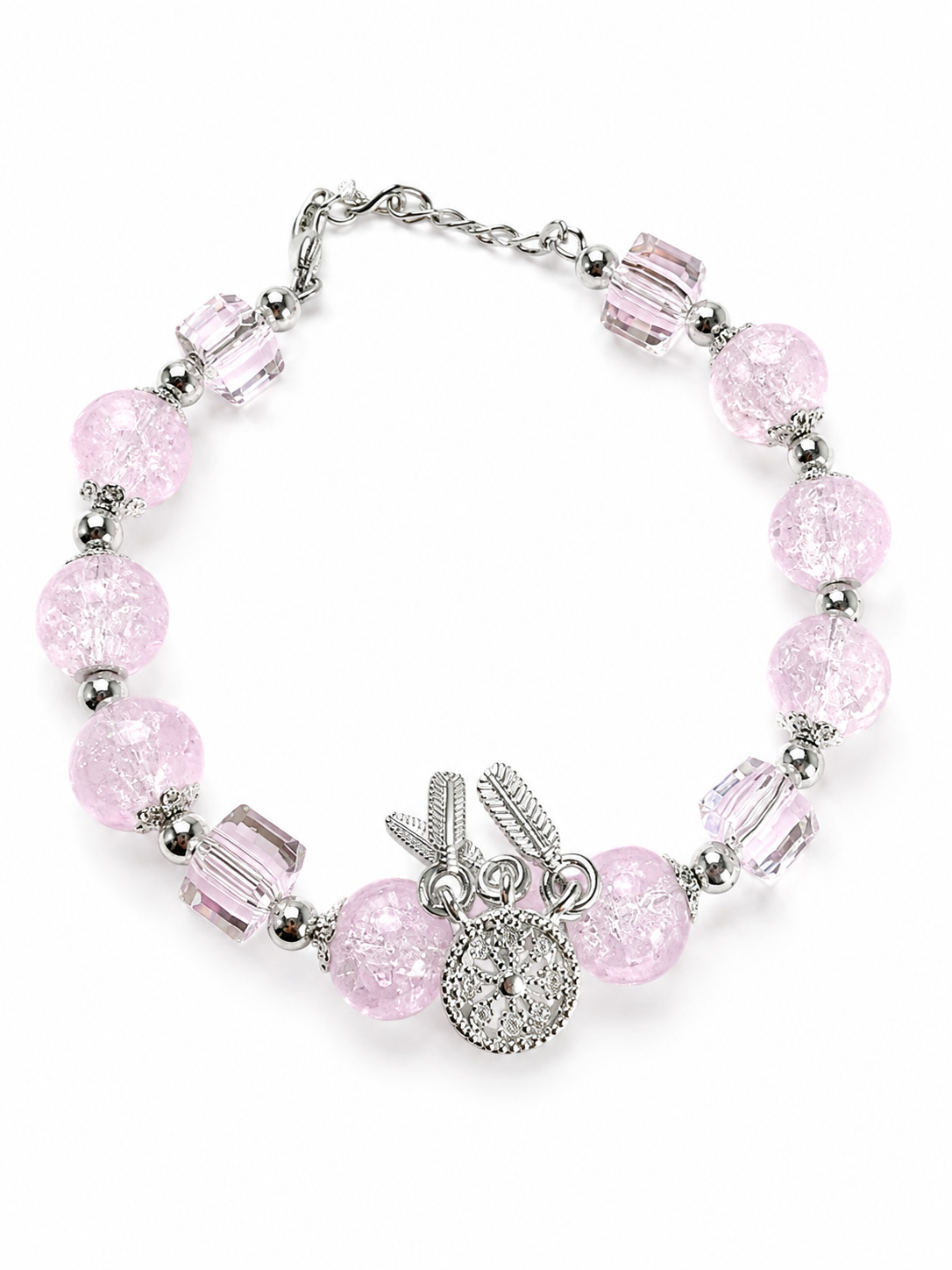 Blush Pink Crystal Charm Bracelet – Handmade Elegant Beaded Bracelet with Silver Accents