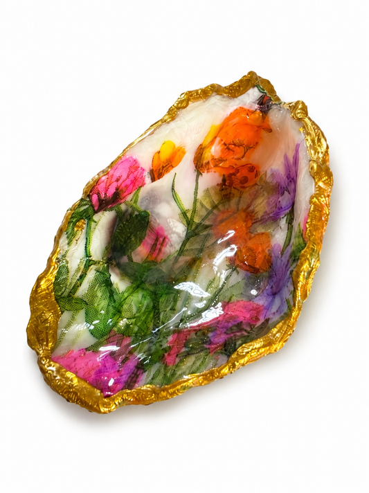Handmade Floral Resin Oyster Shell Trinket Dish with Gold Edge | Decorative Jewelry Tray | Cottagecore Home Decor