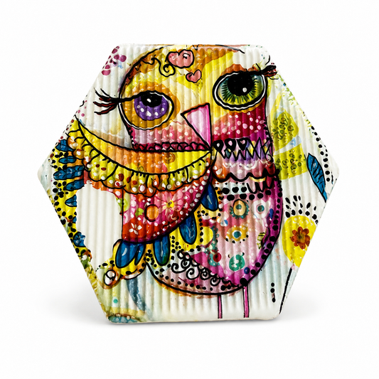 Whimsical Colorful Owl Magnet Tile | Boho Folk Art Decorative Magnet | Cute Owl Kitchen & Office Décor