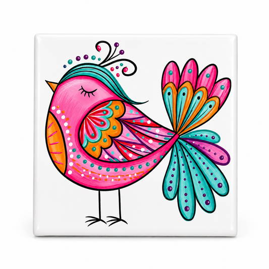 Whimsical Pink Bird Refrigerator Magnet | Boho Folk Art Decorative Magnet | Colorful Bird Kitchen Décor