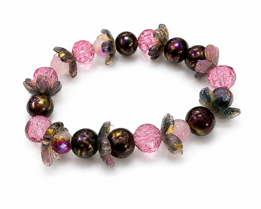 Pink & Iridescent Handmade Beaded Stretch Bracelet