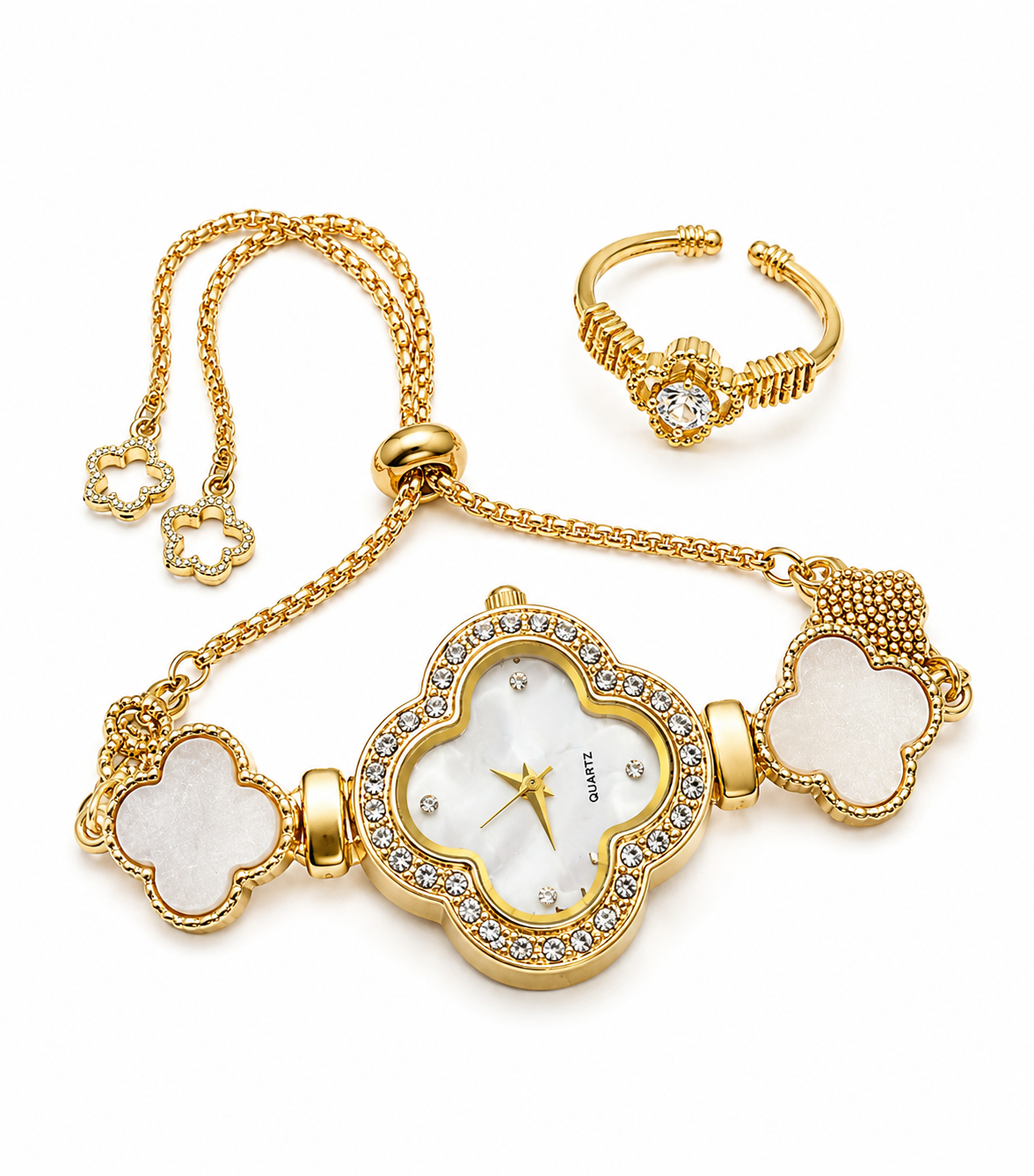 Elegant Gold Clover Watch & Adjustable Ring Set