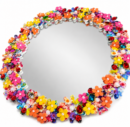 🌸 Handmade Floral Decorative Mirror with Ladybug Accents