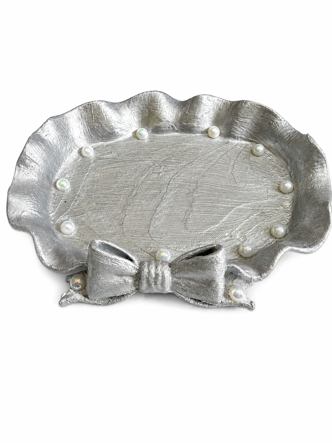 Silver Leaf Trinket Tray with Pearl Accents & Decorative Bow