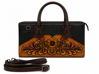 Genuine Leather Tooled Floral Satchel Handbag