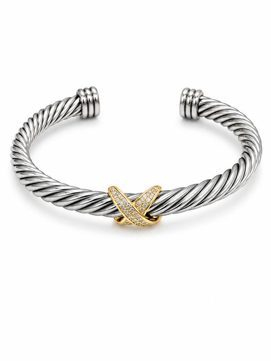 Silver & Gold Crossover Cable Cuff Bracelet