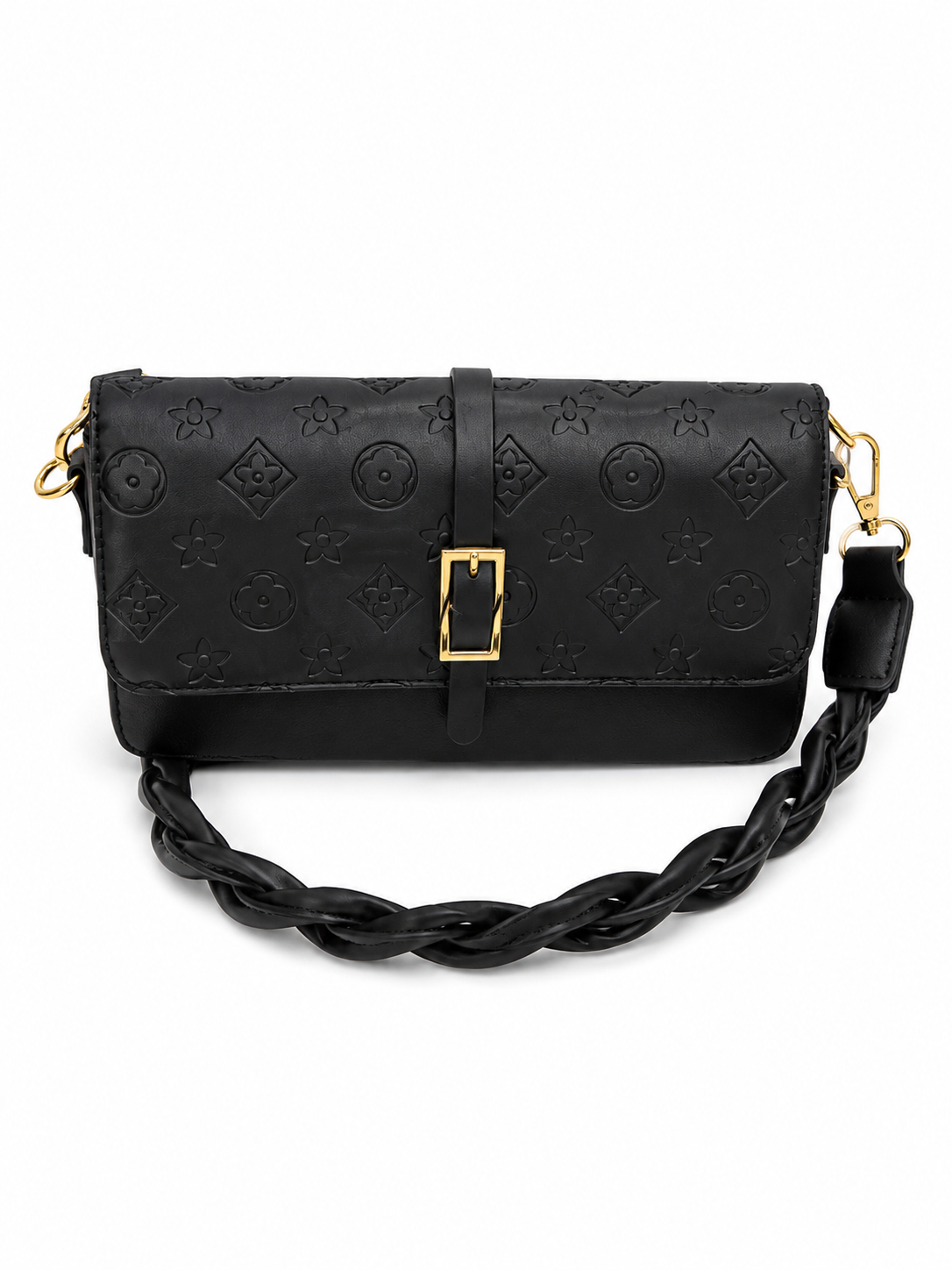 Black Monogram Crossbody Handbag with Braided Strap