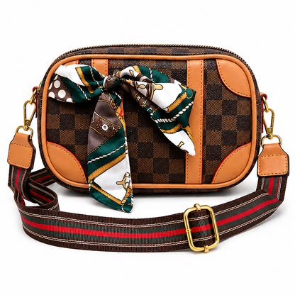 Classic Checkered Crossbody Bag with Silk Scarf
