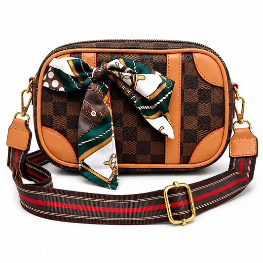 Classic Checkered Crossbody Bag with Silk Scarf