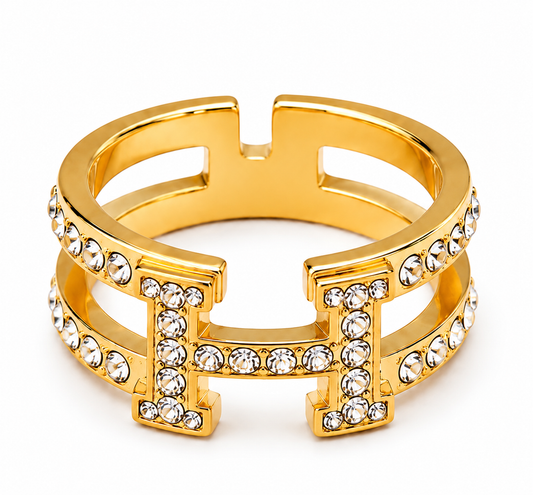 Gold-Tone Crystal H Adjustable Ring