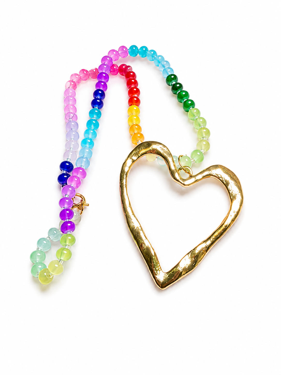 Rainbow Beaded Necklace with Oversized Gold Heart Pendant