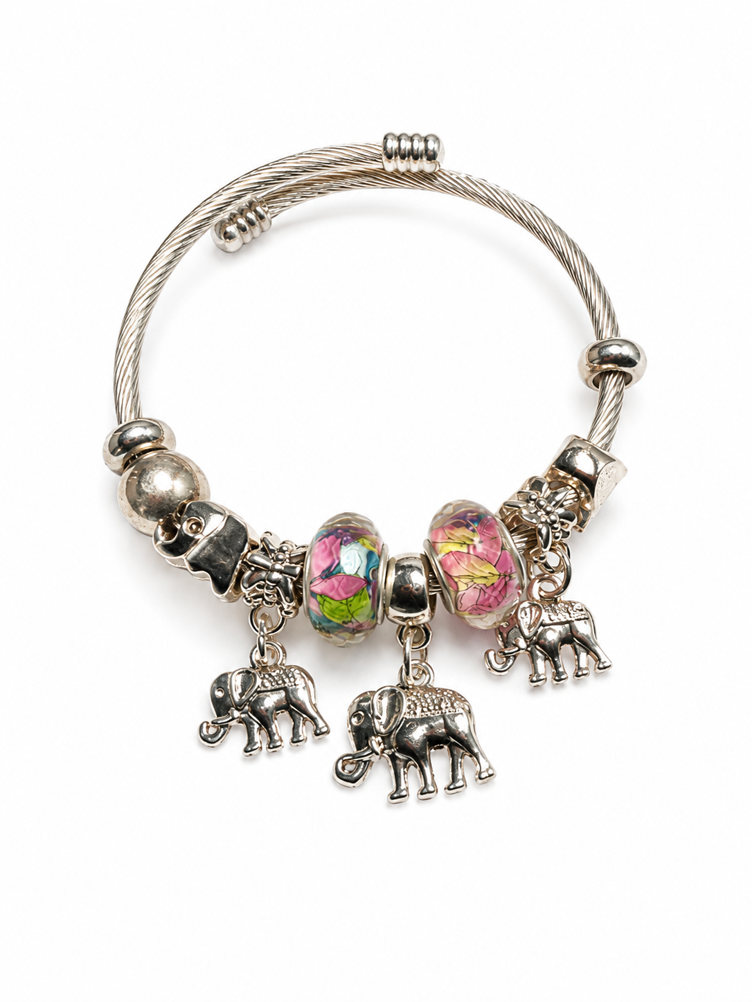 Silver Elephant Charm Bracelet with Floral Beads
