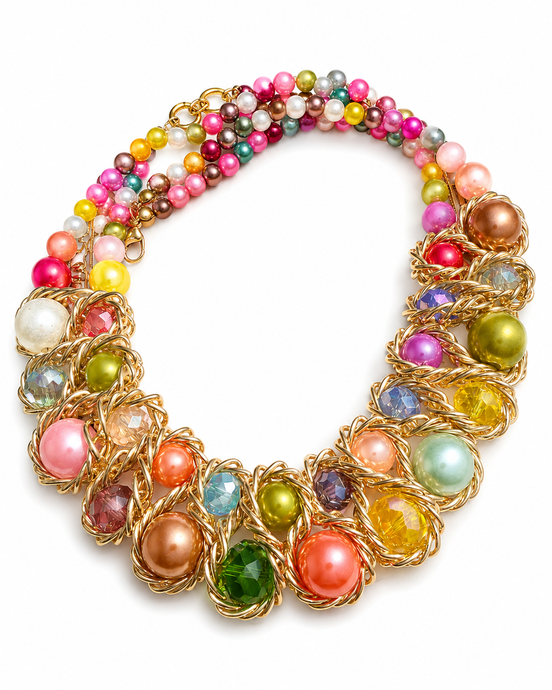 Multicolor Pearl and Crystal Gold Statement Necklace