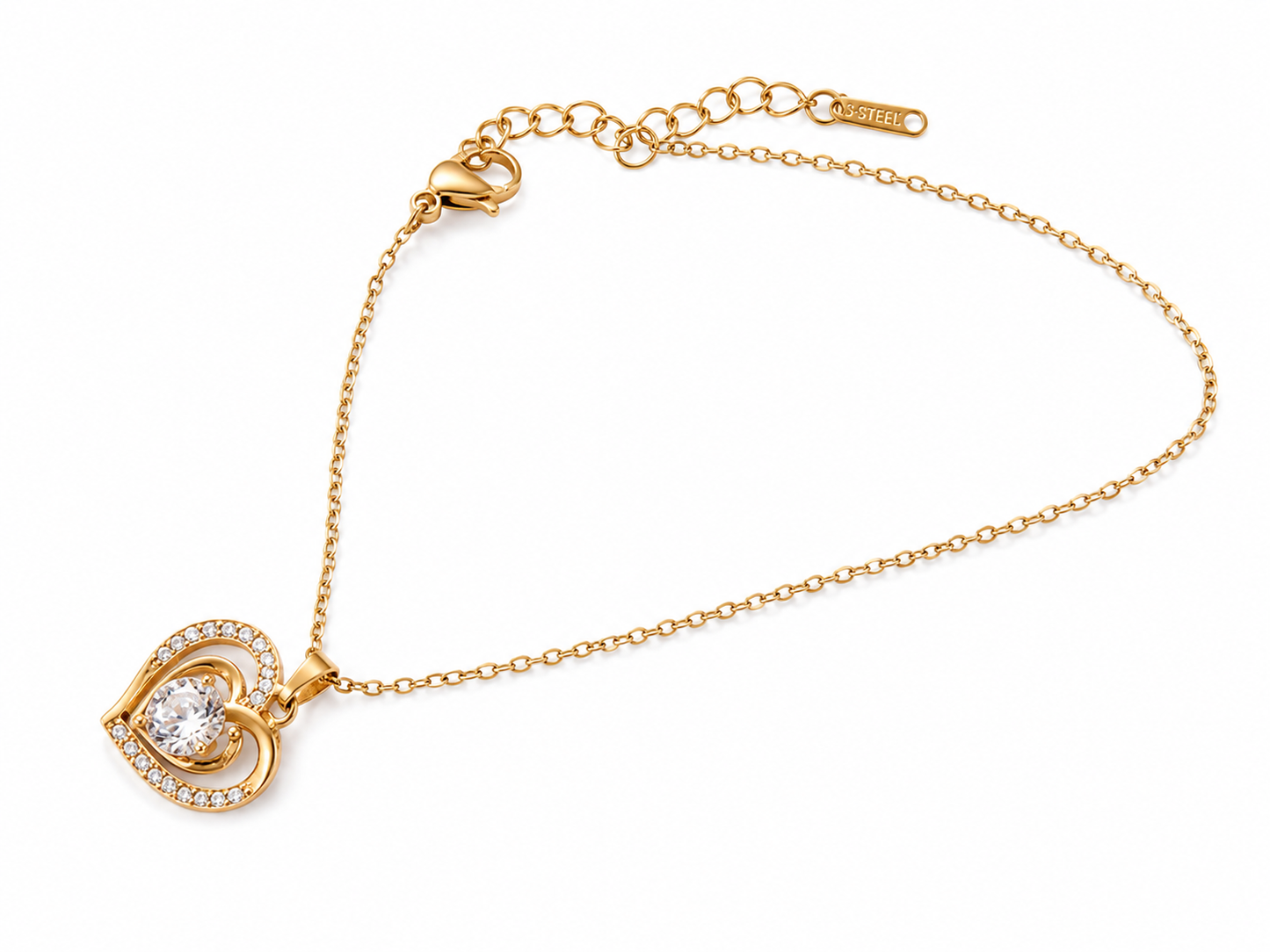 Gold Double-Heart Crystal Pendant Necklace