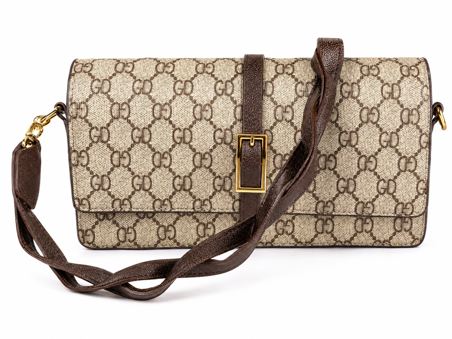 Brown Monogram Crossbody Bag with Gold Buckle