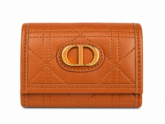 Cognac Brown Quilted Trifold Wallet with Gold-Tone Detail