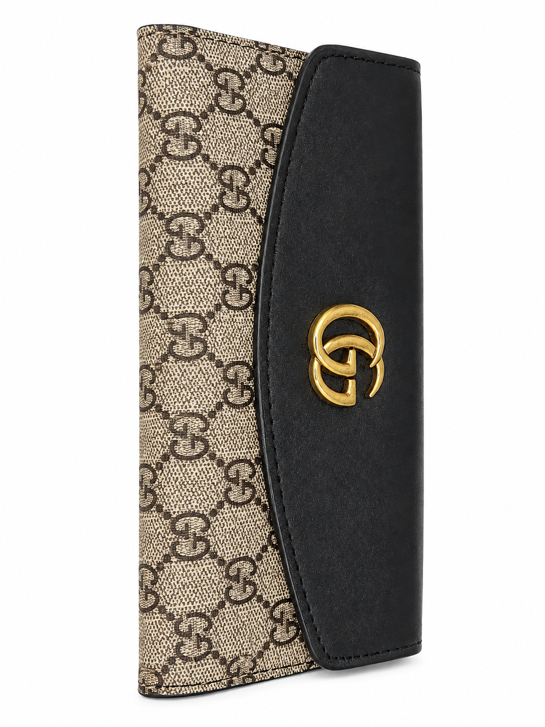 Black & Beige Monogram Long Wallet with Gold-Tone Detail