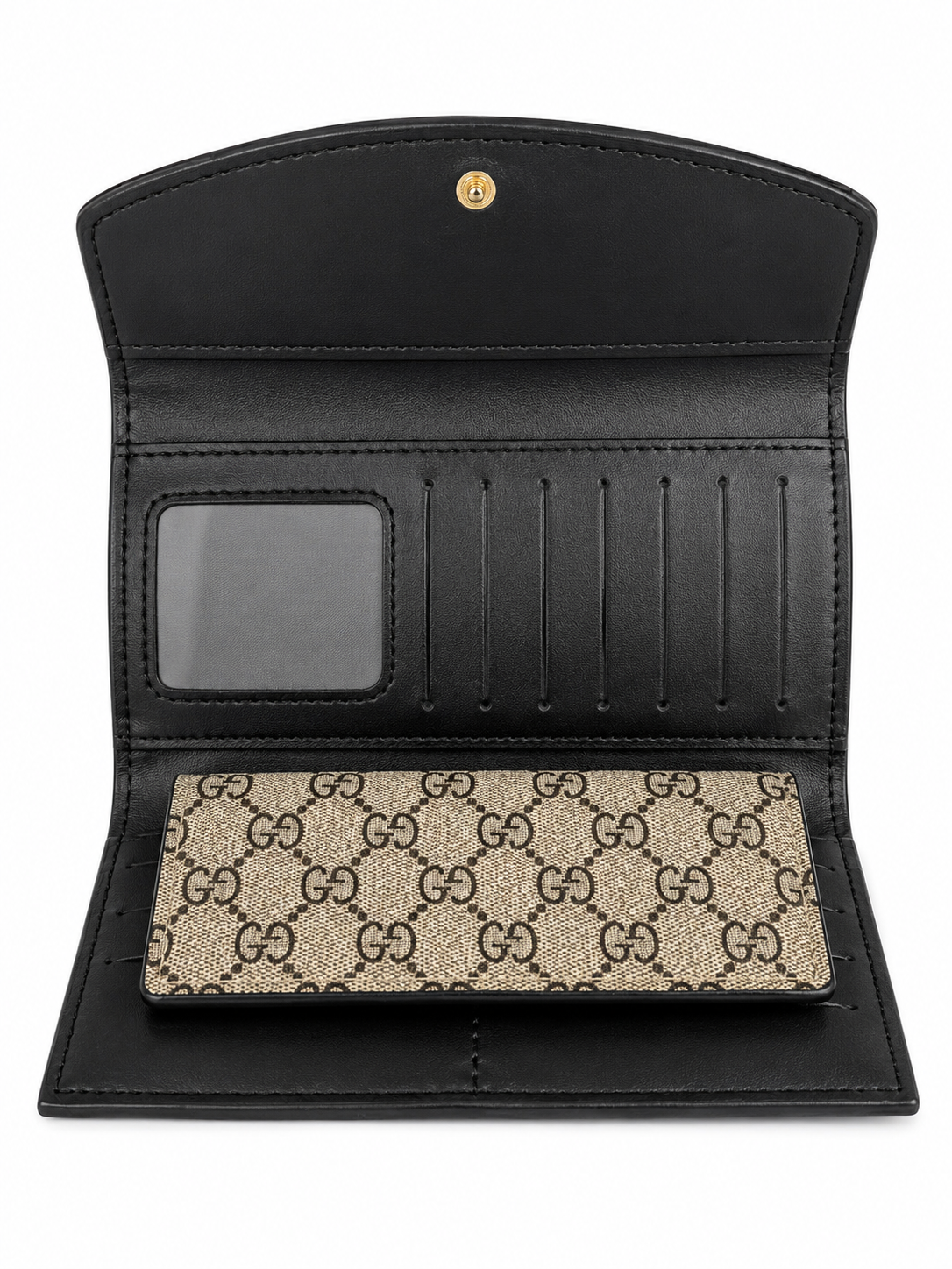 Black & Beige Monogram Long Wallet with Gold-Tone Detail