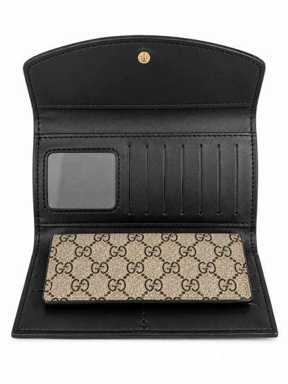 Black & Beige Monogram Long Wallet with Gold-Tone Detail