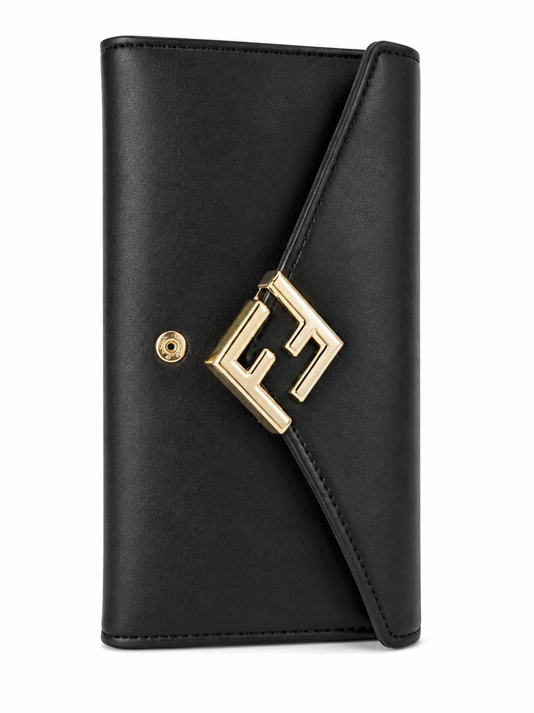 Black Envelope-Style Long Wallet with Gold-Tone Hardware