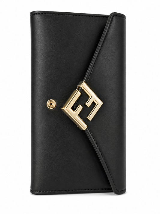 Black Envelope-Style Long Wallet with Gold-Tone Hardware