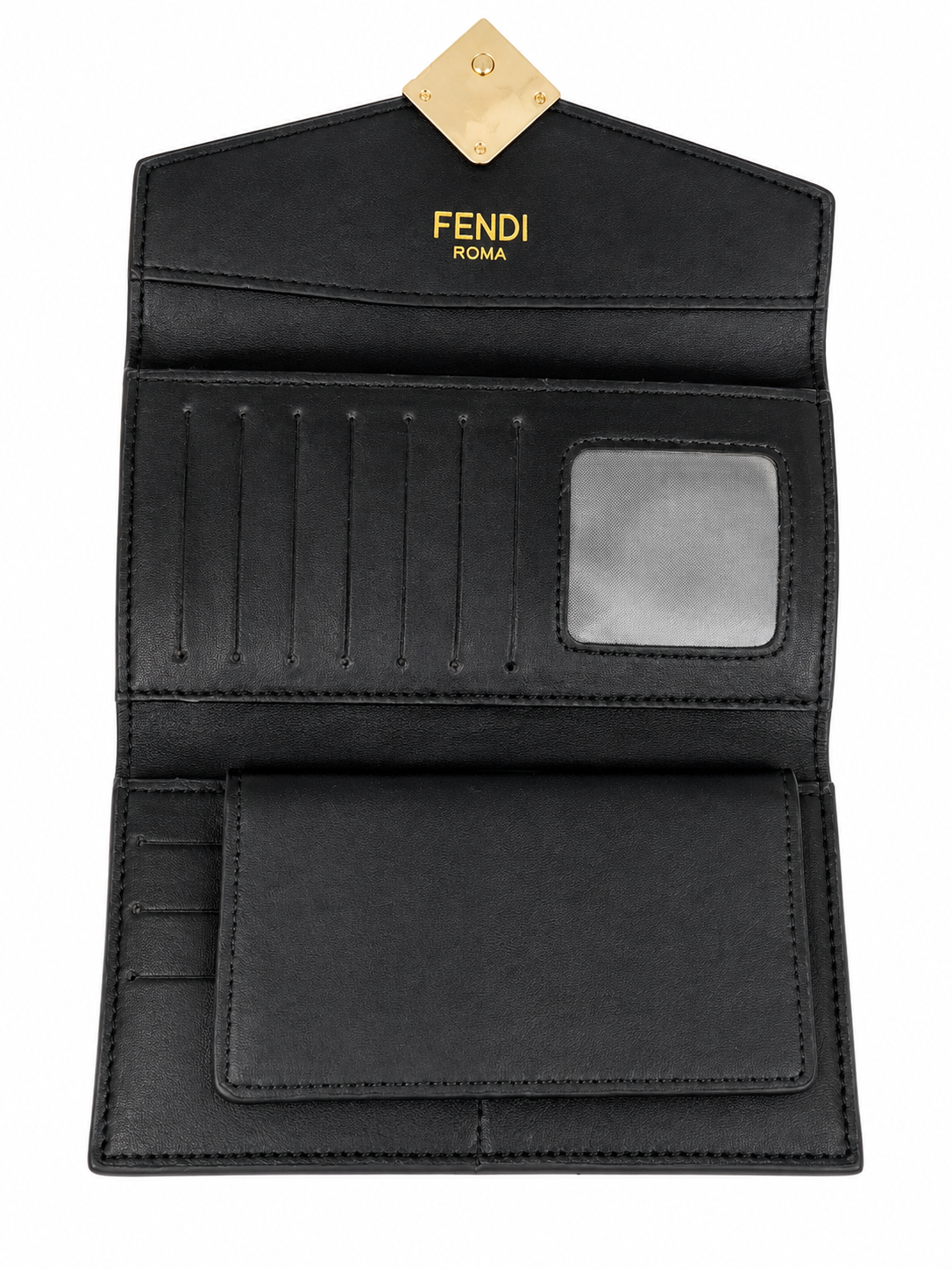Black Envelope-Style Long Wallet with Gold-Tone Hardware