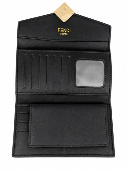 Black Envelope-Style Long Wallet with Gold-Tone Hardware