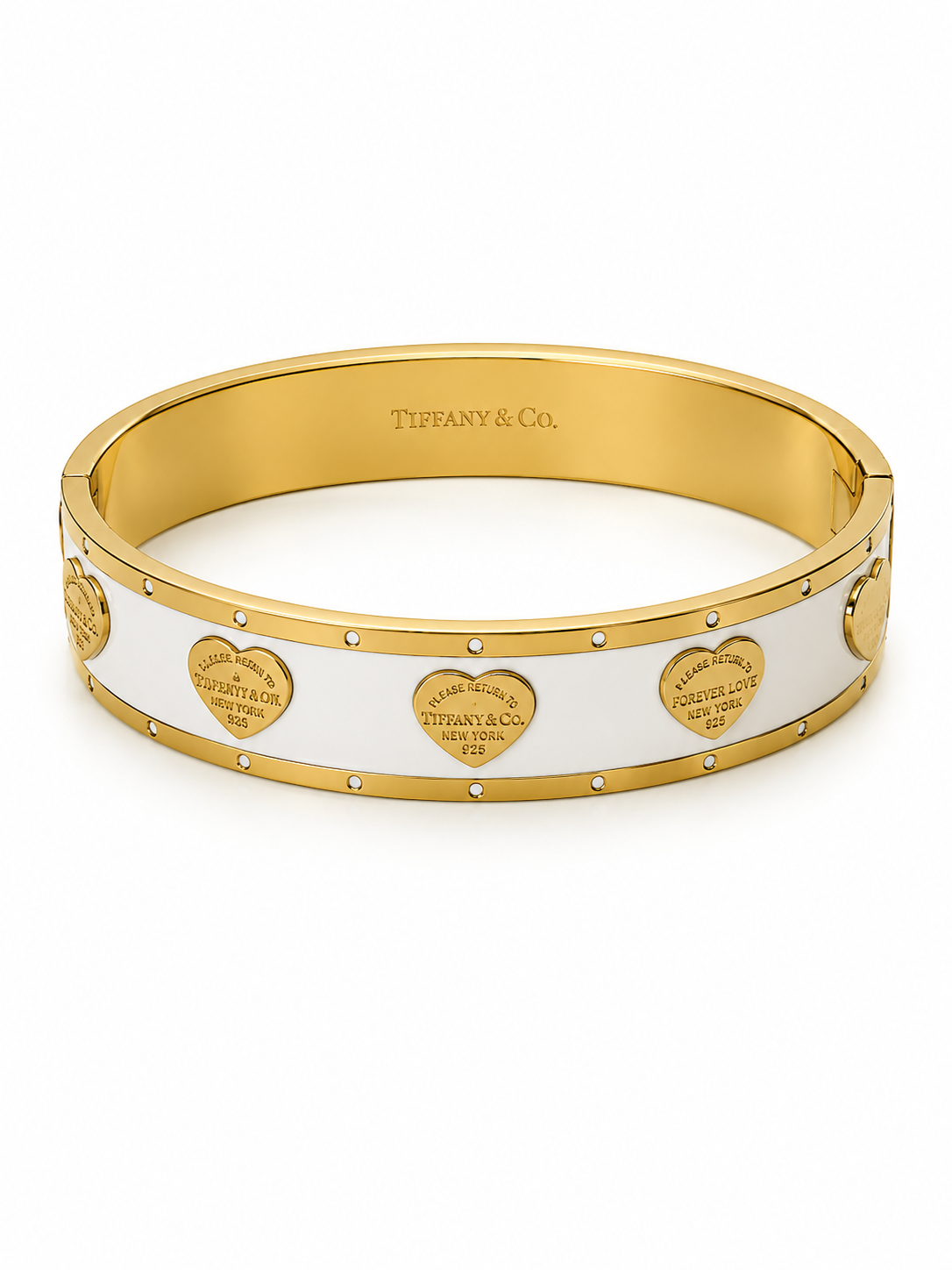 Gold & White Heart Accent Hinged Bangle