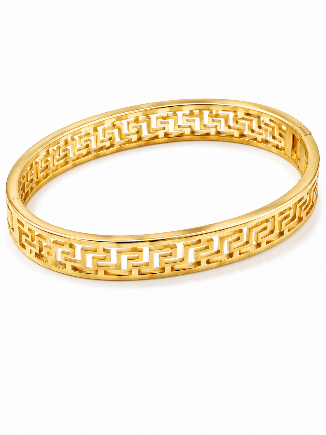 Gold-Tone Greek Key Bangle Bracelet – Classic Geometric Cutout Design