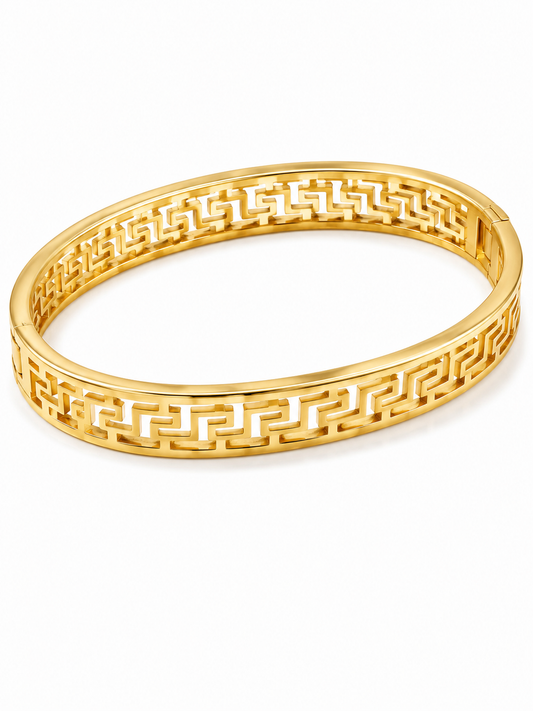 Gold-Tone Greek Key Bangle Bracelet – Classic Geometric Cutout Design
