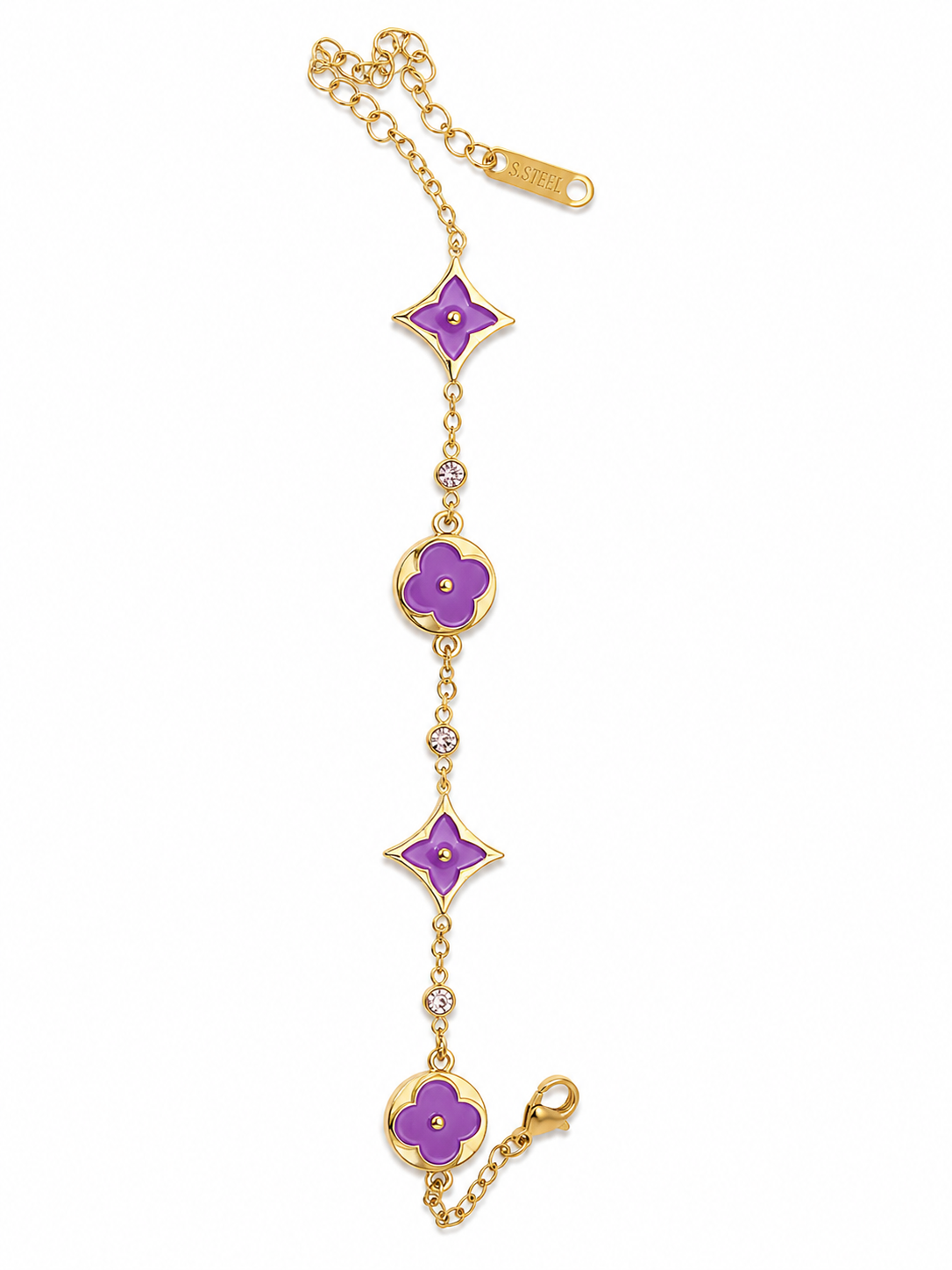 Purple Floral Gold-Tone Stainless Steel Bracelet