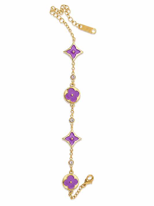 Purple Floral Gold-Tone Stainless Steel Bracelet