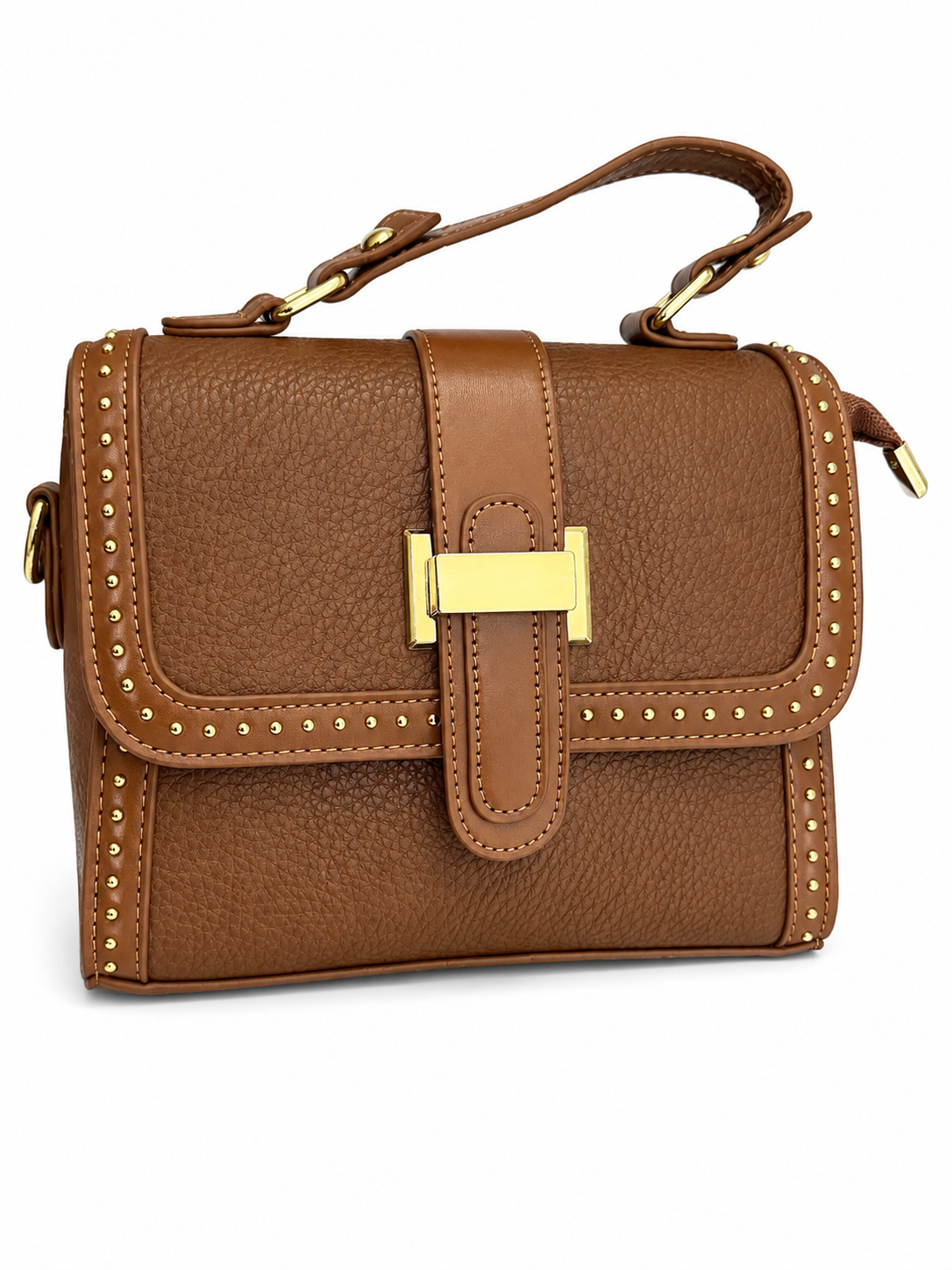 Cognac Brown Studded Structured Handbag