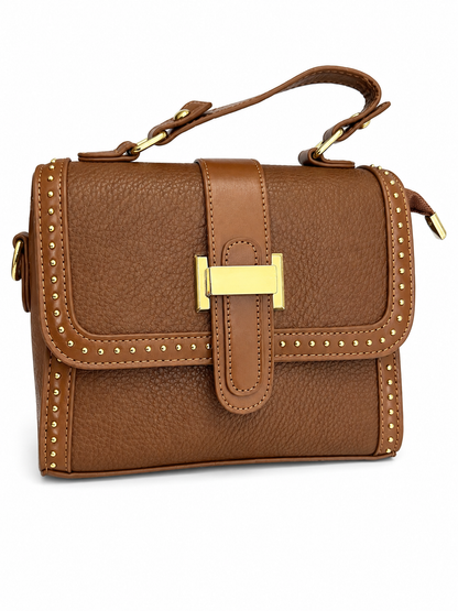 Cognac Brown Studded Structured Handbag