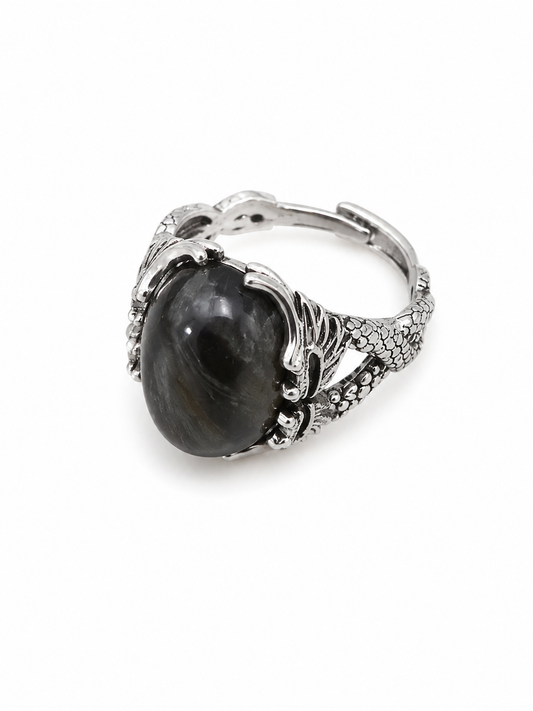Vintage Black Stone Adjustable Stainless Steel Statement Ring