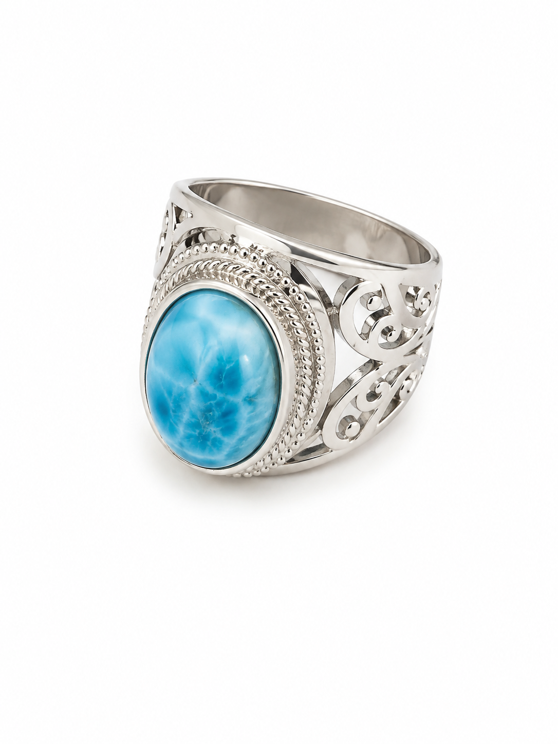 Blue Stone Filigree Silver-Tone Statement Ring – Size 8