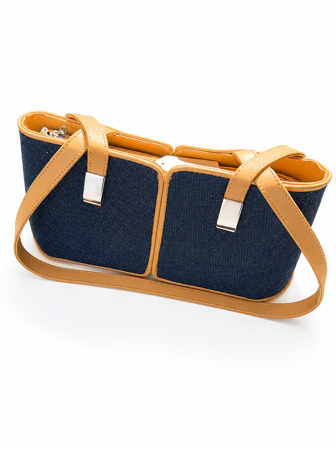 Navy Denim & Camel Double-Panel Shoulder Bag
