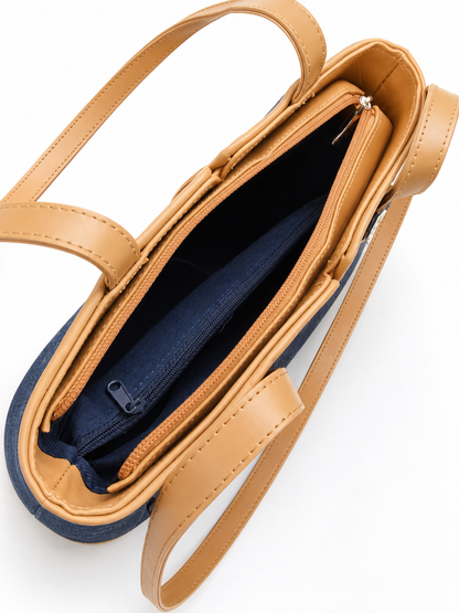 Navy Denim & Camel Double-Panel Shoulder Bag
