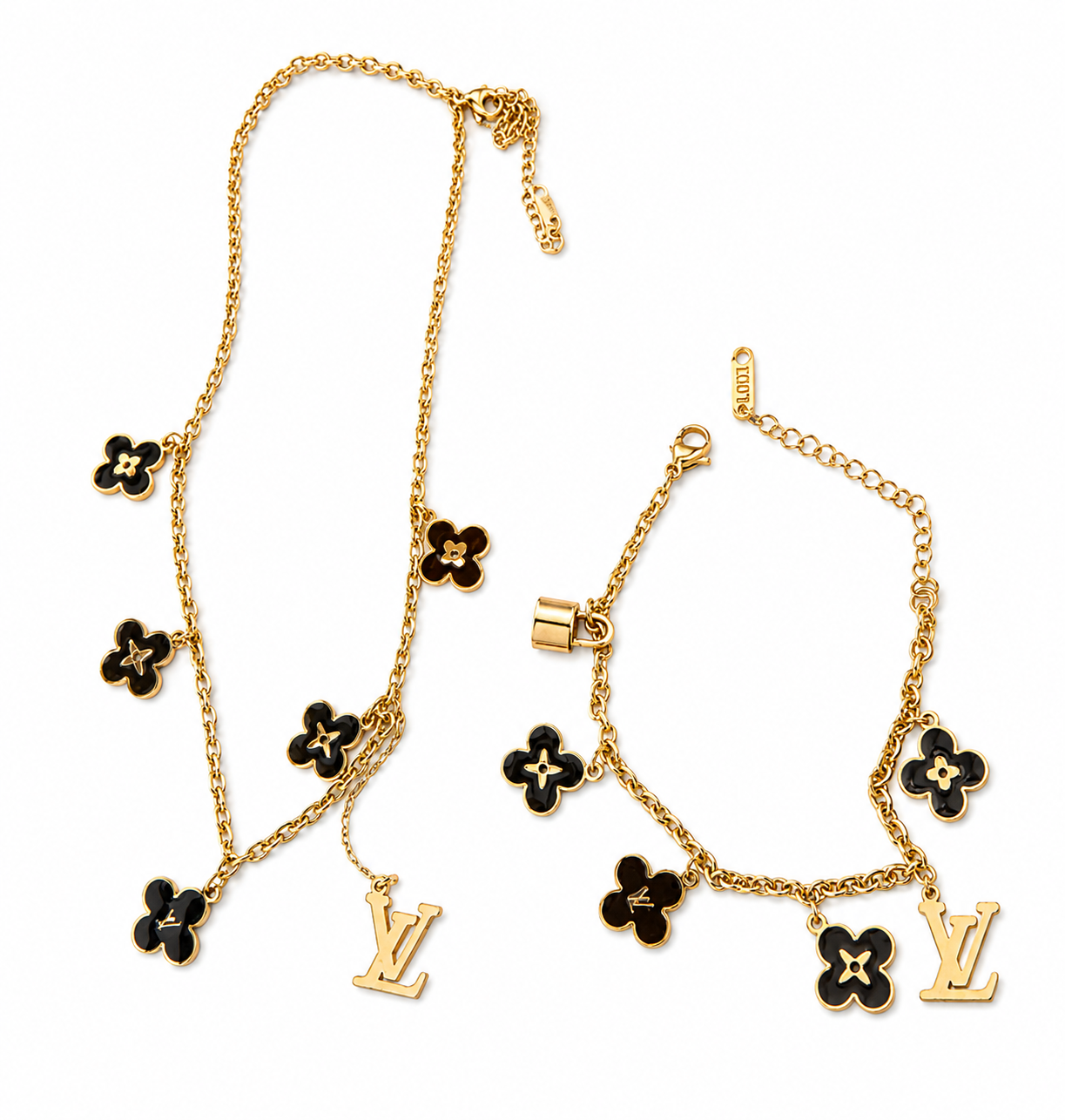 Black & Gold Monogram Flower Charm Jewelry Set