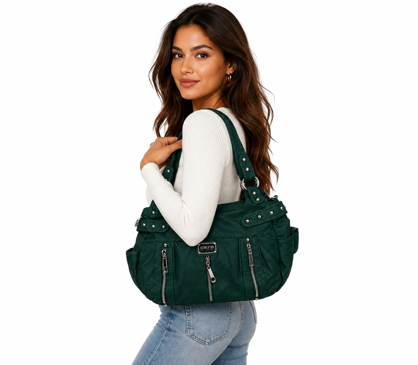 Scarlenton Emerald Green Multi-Zip Shoulder Bag