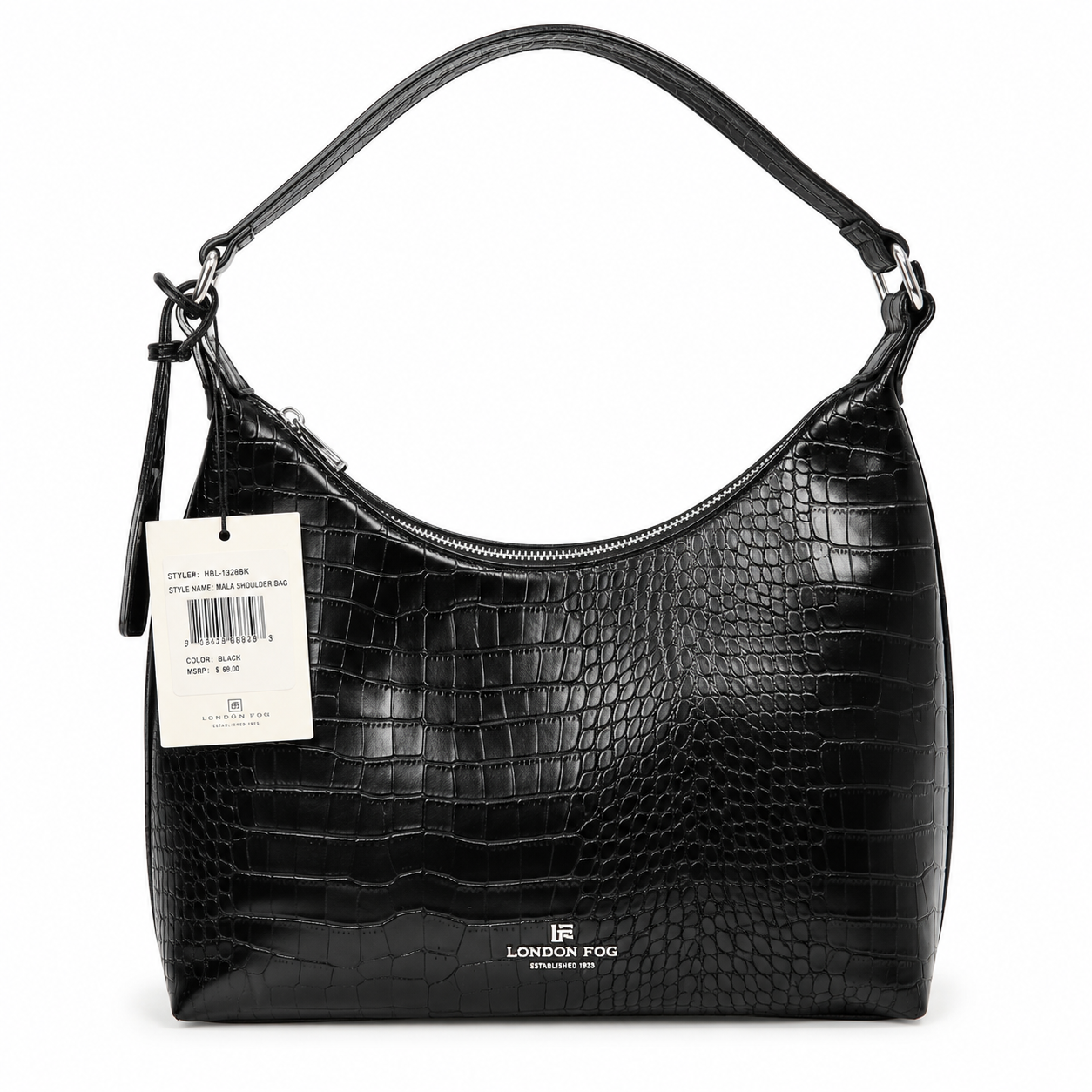 London Fog Black Croc-Embossed Hobo Shoulder Bag
