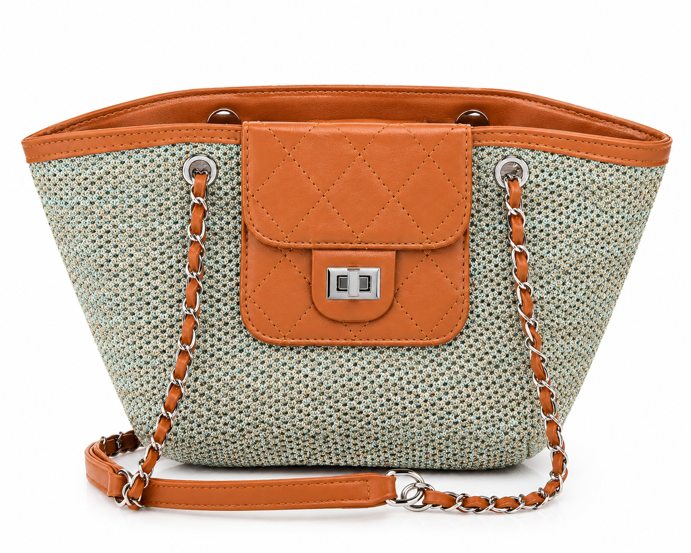 Woven Raffia & Cognac Chain Shoulder Bag