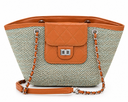 Woven Raffia & Cognac Chain Shoulder Bag